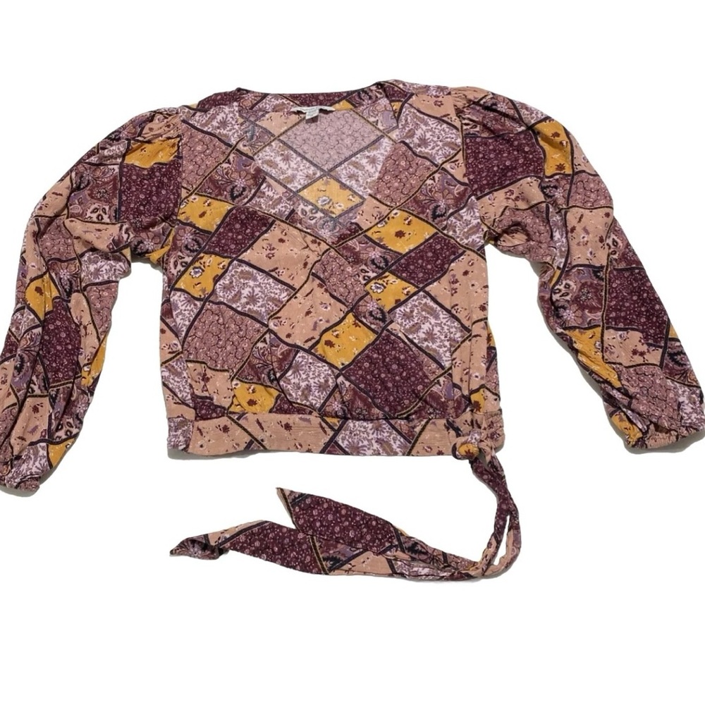 American Eagle Medium Crop Top Puffy Sleeve Wrap Front Tie‎ Boho Cottagecore
